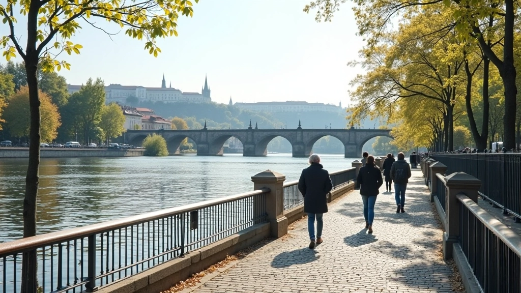 Procházka po nábřeží s výhledem na mosty a Prahu