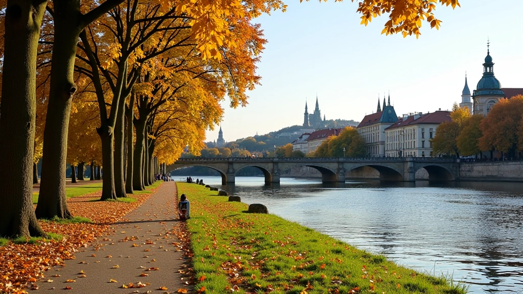 Vltavská náplavka s řekou a městskou architekturou