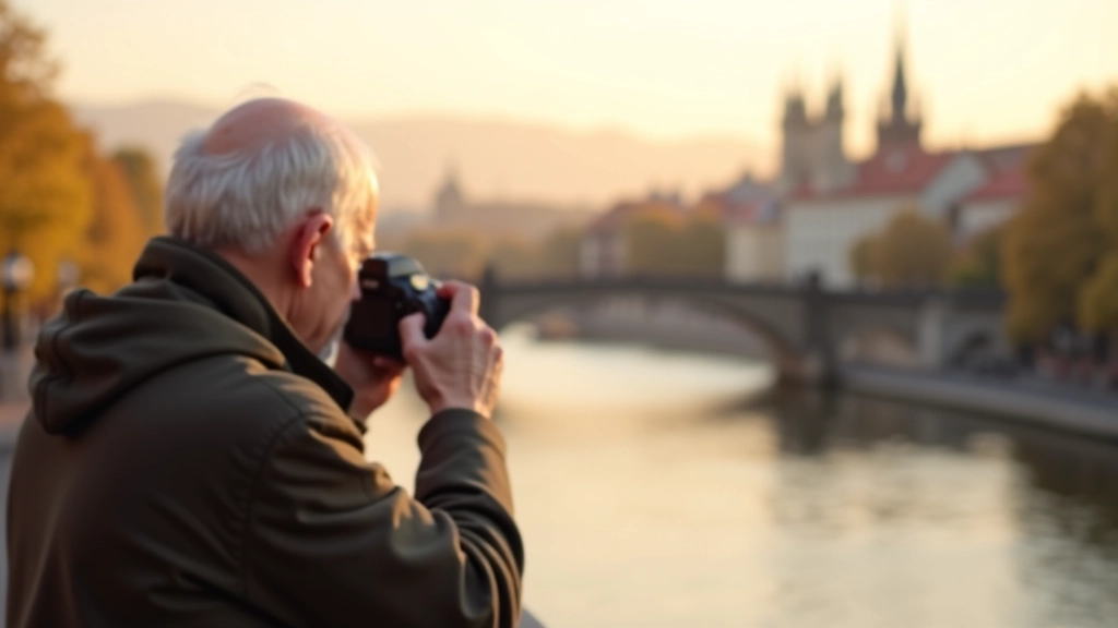 Důchodce fotografující historické mosty a architektura z břehu Vltavy