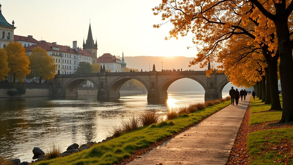 Nábřeží Vltavy s výhledem na Prahu a historické mosty v teplém slunečném světle